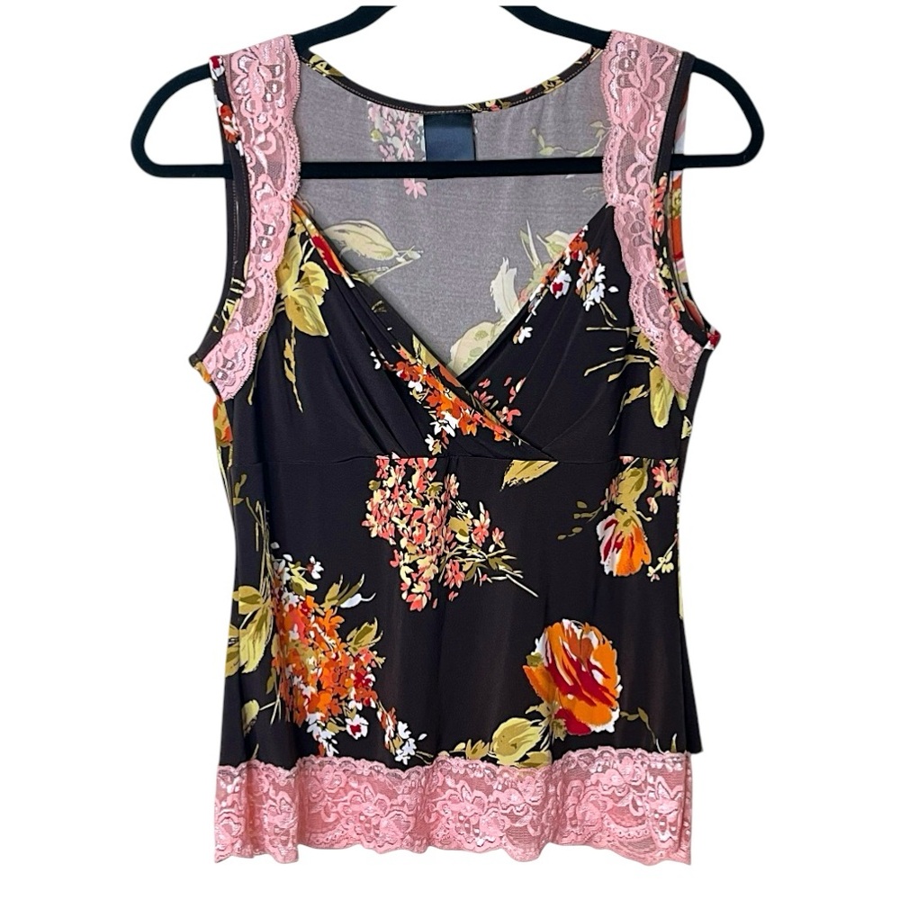 Y2K j.t.b. Floral Print Lace Trim Mock Wrap V Neck Top L Pink Brown Boho Spring - Picture 3 of 15